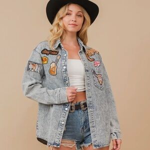 NEW blue b Light Garment Wash Rodeo Yeehaw Guitar Cowboy Boot Patch Denim Jacket